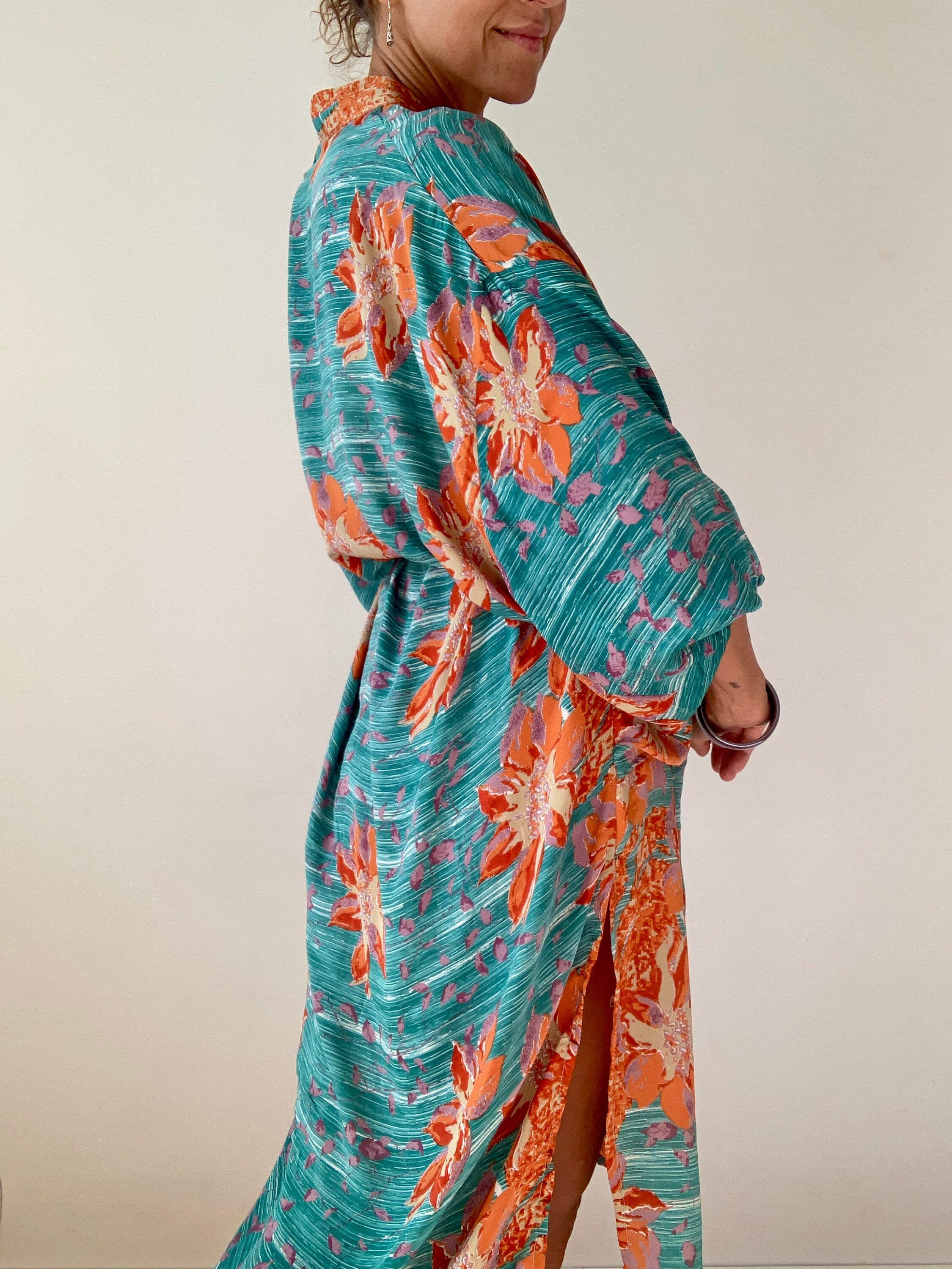 Colorful Silk Robe Puff Sleeve Free Size Topper House Coat Vintage up ...