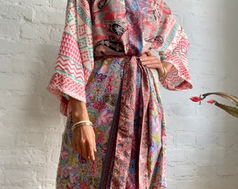 colourful boho robe patchwork kimono silky loose duster morning gown wrap tie house coat silk beach cover up up cycled long street cardigan