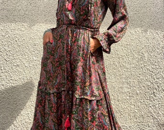 modern vintage spring casual black paisley long dress tiered boho silky flared dress tassel tie frilled flowy ruffled dress cottage core