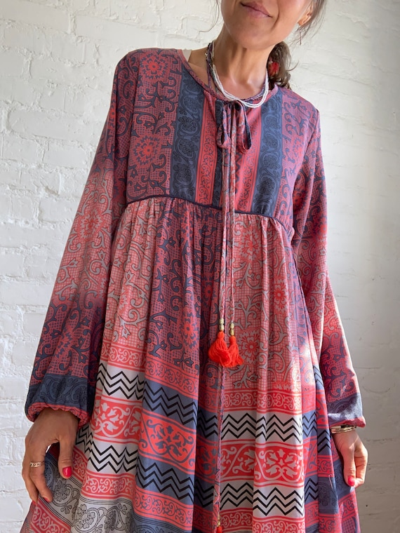 Boho Tassel Tie Dress Long Puff Sleeve Tunic Cute Baby Doll Dress