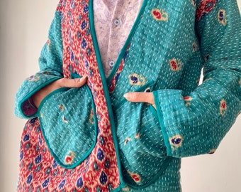 Vintage kantha camisa de cuna chaqueta otoñal turquesa patchwork reversible lightweith sobre abrigo boho hippie colorido tamaño libre abrigo slouchy