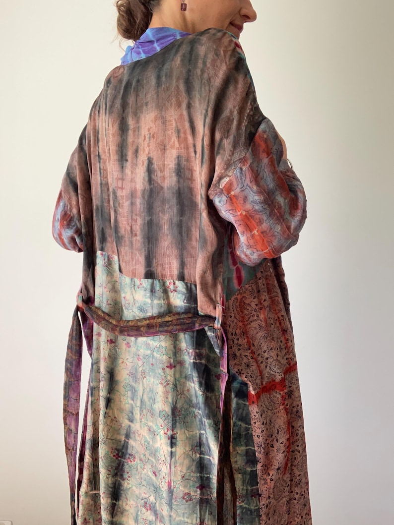 patchwork robe short sheer silk kimono topper comfy light kimono summer boho vacation robe dressing gown morning gown house shirt image 7