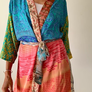 Patchwork Silk Kimono Duster: Boho Upcycled Robe sun protection shirt beach cover up breezy mid length shirt colorful duster topper
