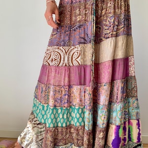 saia patchwork colorida com babados, saia longa franzida, saia esvoaçante em camadas, saia para festa de festival, uso diário, saia solta com forro flare confortável