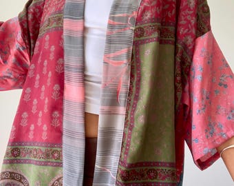 patchwork summer blouse unisex silk shirt free size top open front kimono top boho festival clothing beach cover up lightweight party outfit