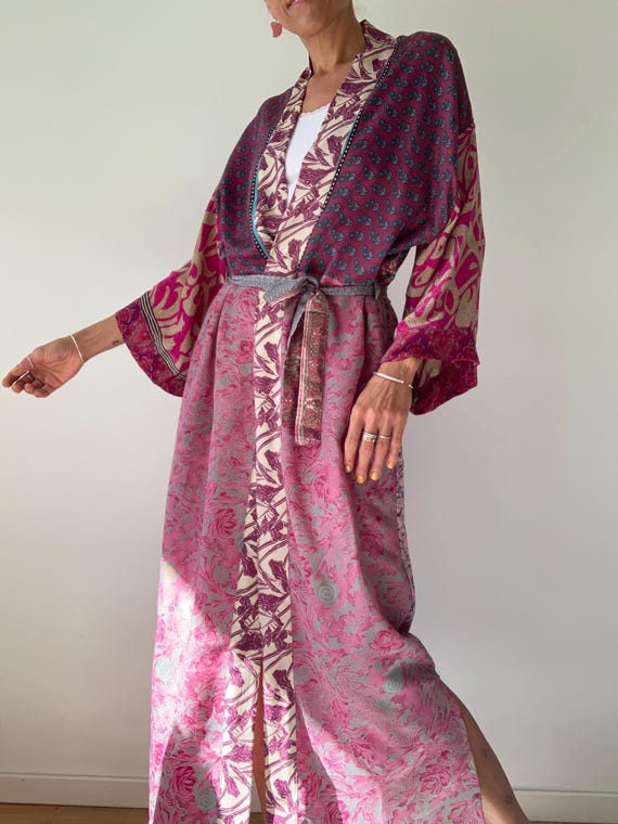 Kimono in seta boho lungo avvolgente cravatta spolverino colorato