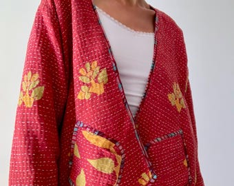 Vintage Kantha Quilted Jacket, Open Front Boho Cotton Coat hand titled jacket for spring reversible jacket lightweight layering shirt