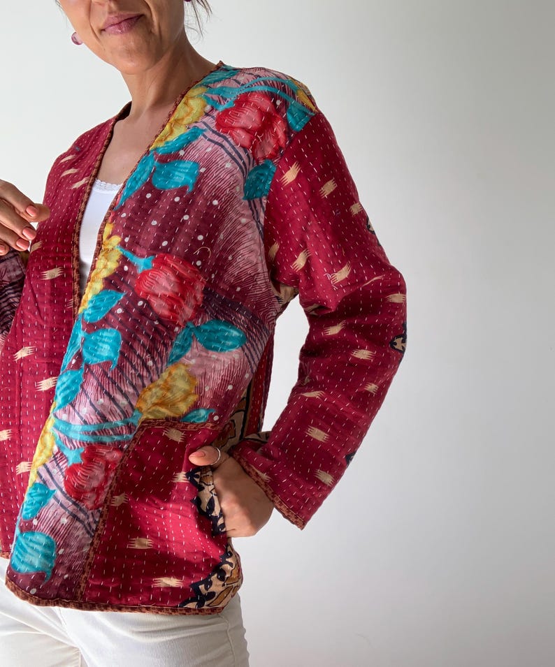 Boho kantha coat for spring oversized hippie reversible coat vintage style soft jacket loose free size open front quilted handcrafted jacket image 8