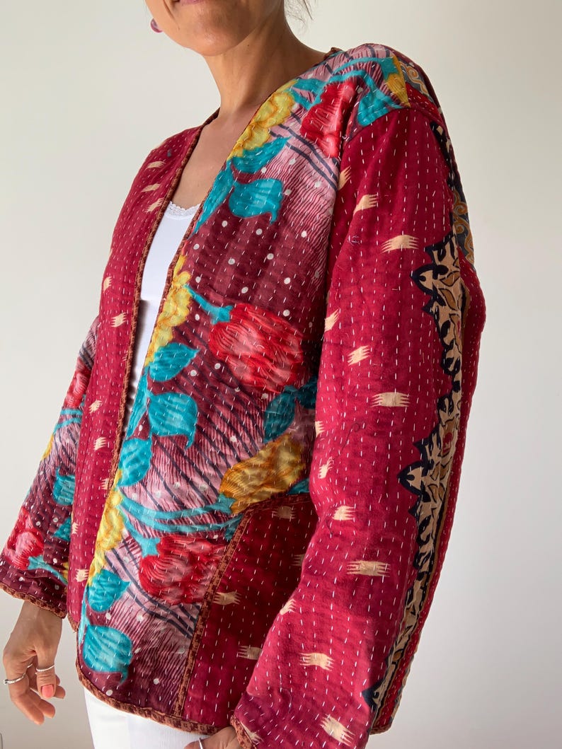 Boho kantha coat for spring oversized hippie reversible coat vintage style soft jacket loose free size open front quilted handcrafted jacket image 3