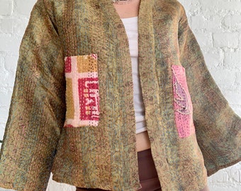 Manteau en soie matelassé mini veste d'été patchwork funky léger boho style fête funky street style réversible mini blouson aviateur