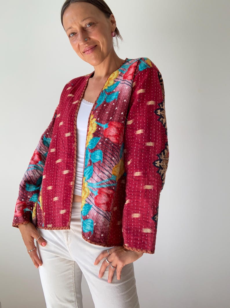 Boho kantha coat for spring oversized hippie reversible coat vintage style soft jacket loose free size open front quilted handcrafted jacket image 9