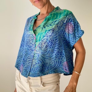 oversized top boho chic free size loose fit blouse comfy casual colorful wide cropped top extra wide silk mini shirt