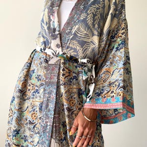 patchwork duster silk kimono robe boho colorful over all daily home gown street style cardigan gift for her comfy maxi long dressing gown