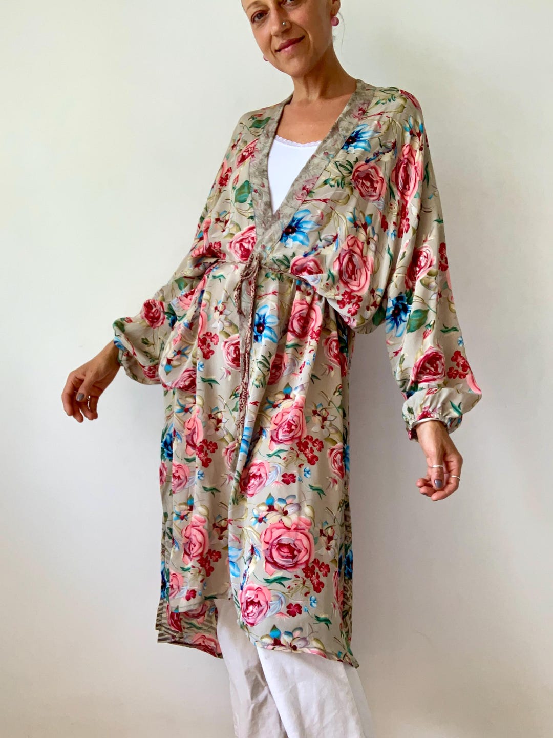 Powder Puff Robe Puff Sleeve Silk Robe Lightweight Sun Protection Shirt Retro Style ...