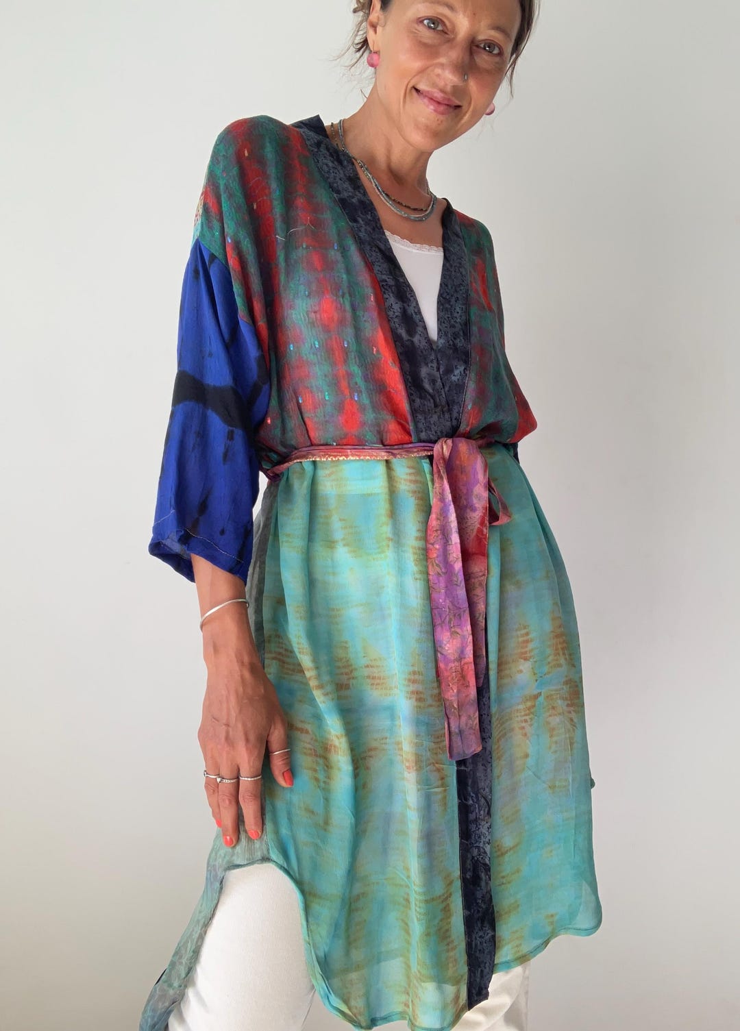 Funky Patchwork Duster Colourful Wrap Tie Robe Boho Free Size Kimono ...