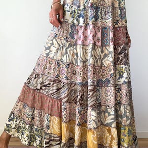 Frilled maxi skirt for summer festival loose flared boho hippie patchwork tiered ruched chic skirt for holiday travels party and casual wear