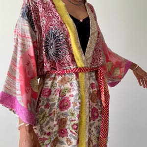 Pastel patchwork robe wrap tie boho coat long Beach cover up kimono house jacket morning dressing gown boho urban cardigan gift for her