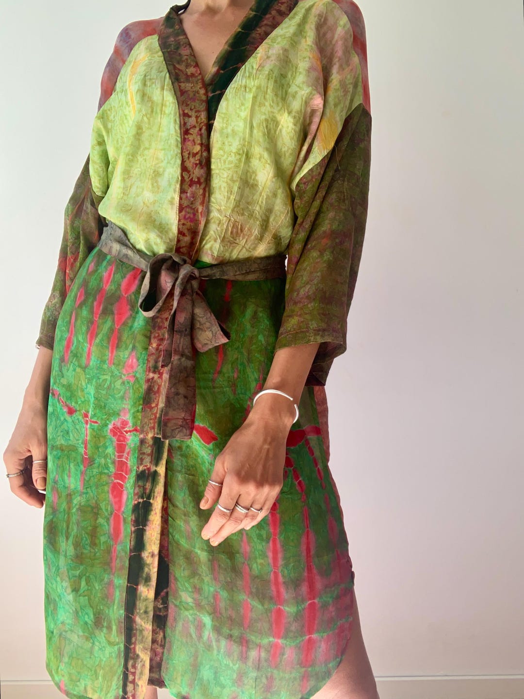Colourful Robe Colorful Silk Kimono Robe: Upcycled Boho Patchwork Duster Tie Dye Robe ...