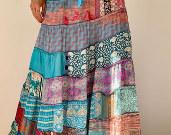 fairy core skirt cottage core maxi skirt hippie chic patchwork skirt colourful flared gathered skirt peasant hippie festival long skirt