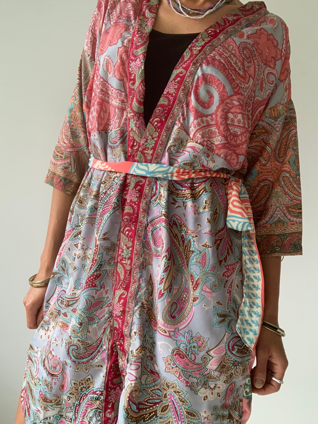 Colorful Boho Topper Midi Silky Duster Robe Patchwork up Cycled Summer ...