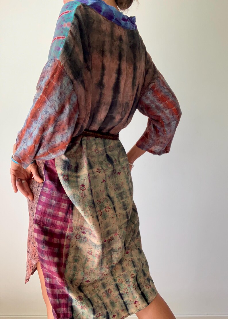 patchwork robe short sheer silk kimono topper comfy light kimono summer boho vacation robe dressing gown morning gown house shirt image 14