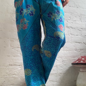 Blue vintage silk trousers lightweight pants party daily loose fitting comfy travel pants casual floral silk loose natural tapered pants