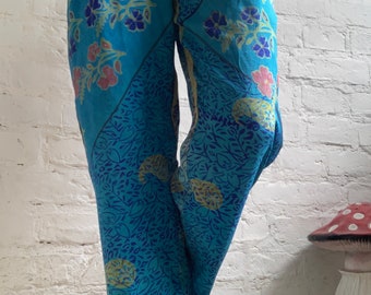 Blue vintage silk trousers lightweight pants party daily loose fitting comfy travel pants casual floral silk loose natural tapered pants