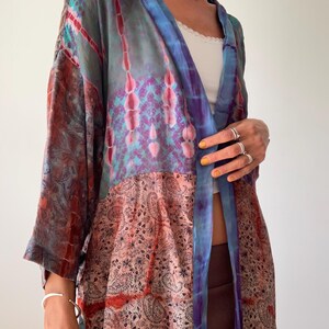 patchwork robe short sheer silk kimono topper comfy light kimono summer boho vacation robe dressing gown morning gown house shirt image 8