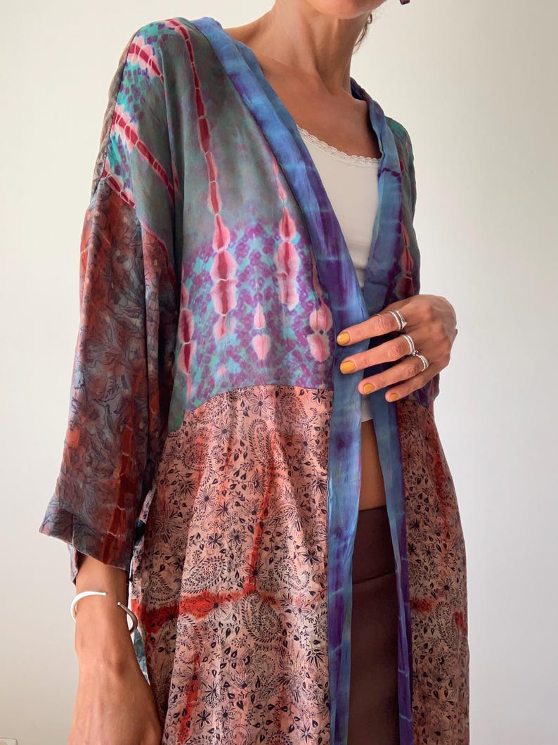 patchwork robe short sheer silk kimono topper comfy light kimono summer boho vacation robe dressing gown morning gown house shirt image 8