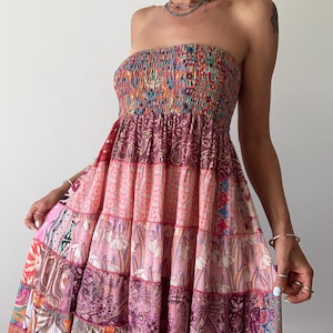 Vestito estivo con scollo a V, svasato, a strati, patchwork, arricciato, svolazzante, senza sforzo, con schiena scoperta, comodo vestito estivo da festival.