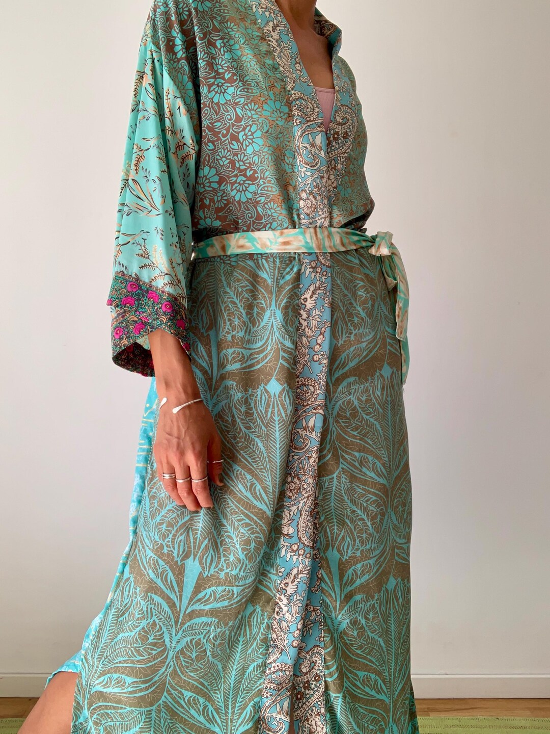 Boho Style Kimono Patchwork Robe Long Silky Duster Wrap Tie Beach Cover ...