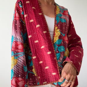 Boho kantha coat for spring oversized hippie reversible coat vintage style soft jacket loose free size open front quilted handcrafted jacket image 1