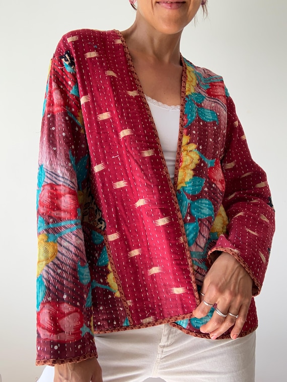Boho kantha coat for spring oversized hippie reversible coat vintage style soft jacket loose free size open front quilted handcrafted jacket