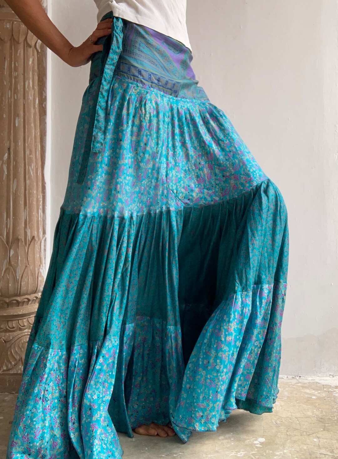 Silk Wrap Skirt Free Size Tiered Boho Circle Skirt Lined Maxi Etsy