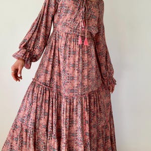 Boho style frilled maxi dress for wedding or party occasions loose fitting tiered peasant dress for events lantern sleeve boho long dress