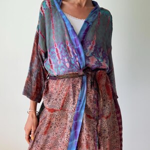patchwork robe short sheer silk kimono topper comfy light kimono summer boho vacation robe dressing gown morning gown house shirt image 6