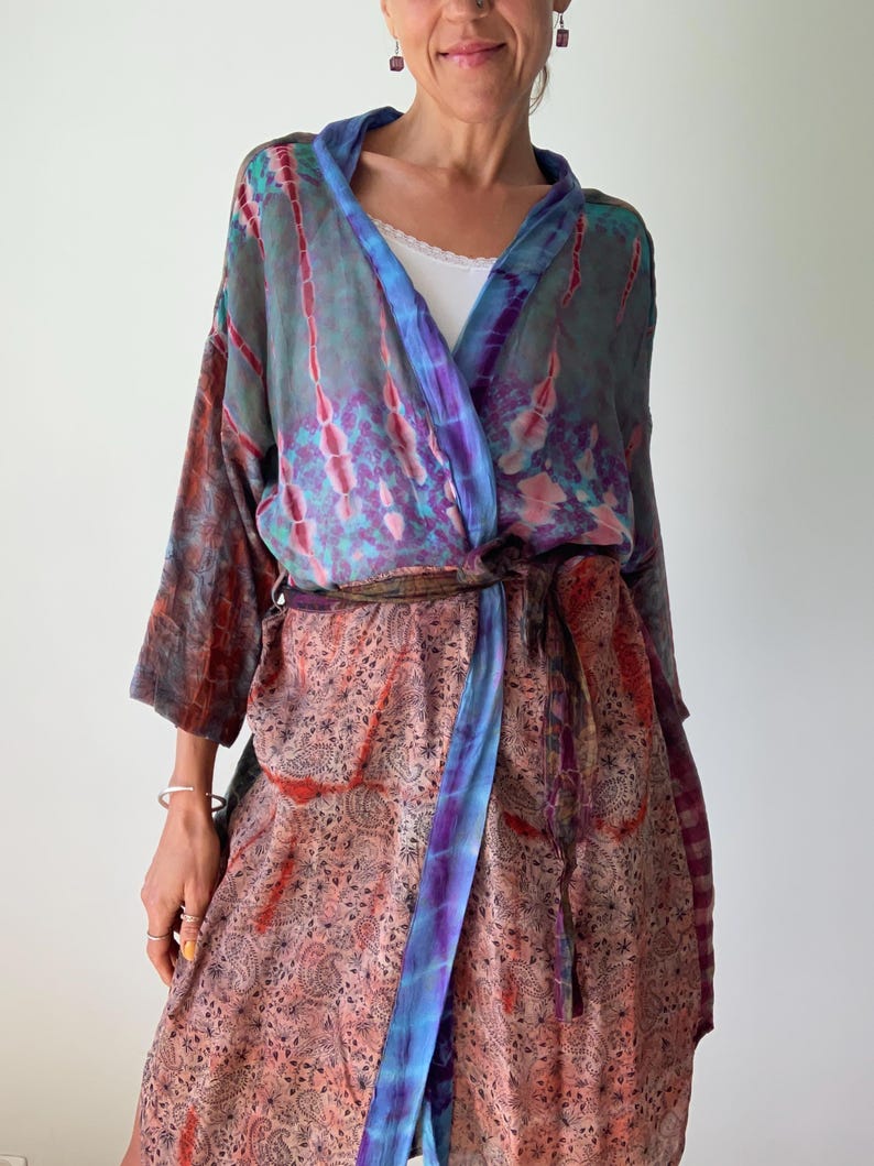 patchwork robe short sheer silk kimono topper comfy light kimono summer boho vacation robe dressing gown morning gown house shirt image 6
