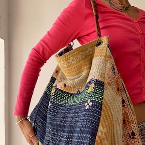 Kantha shoulder bag hand stitched vintage large bag for travels picknic bag for school and work market bag weekend strong leather strap bag