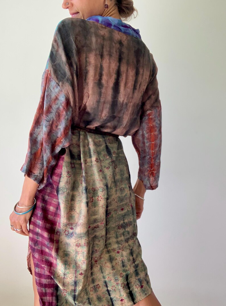 patchwork robe short sheer silk kimono topper comfy light kimono summer boho vacation robe dressing gown morning gown house shirt image 13