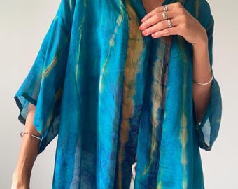 Artisan Tie Dye Silk Kimono Blouse: Bohemian Summer Cover-Up free size patchwork shirt plus size topper party festival vacation blouse
