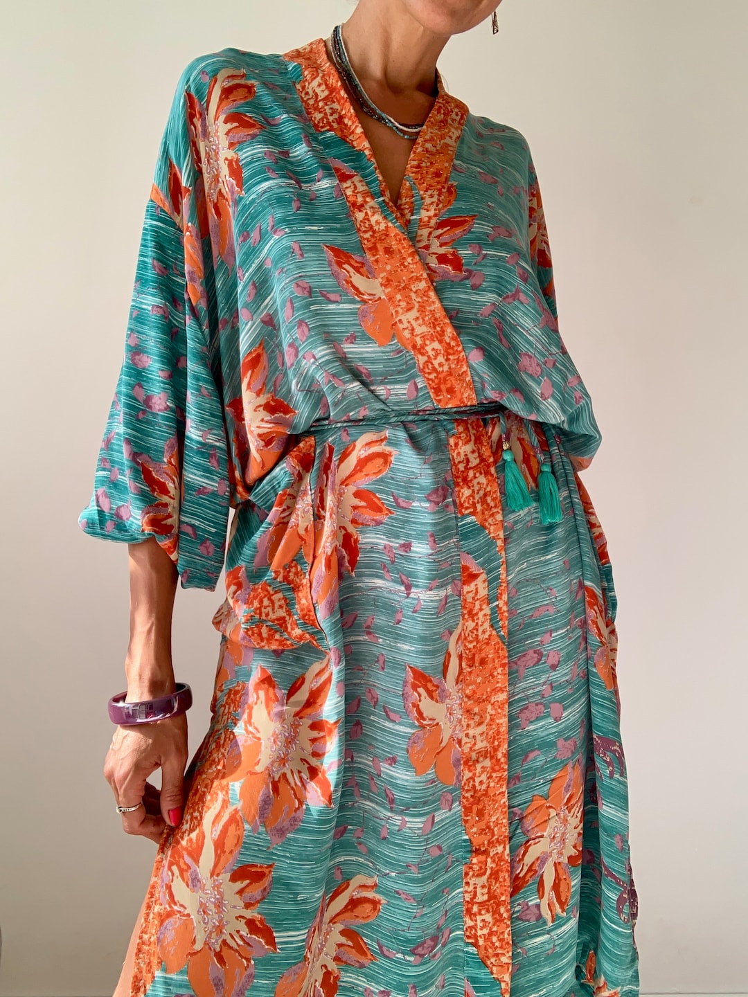 Colorful Silk Robe Puff Sleeve Free Size Topper House Coat Vintage up ...