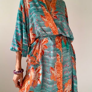 Colorful silk robe puff sleeve free size topper house coat vintage up cycled silk duster morning gown spa resort loose fit kimono coat