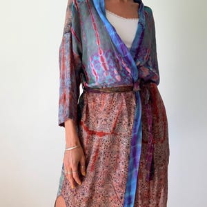 patchwork robe short sheer silk kimono topper comfy light kimono summer boho vacation robe dressing gown morning gown house shirt image 9