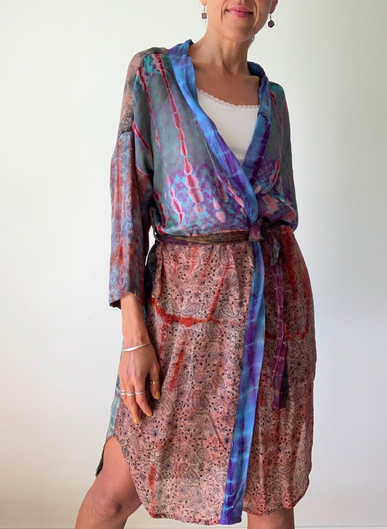patchwork robe short sheer silk kimono topper comfy light kimono summer boho vacation robe dressing gown morning gown house shirt image 9