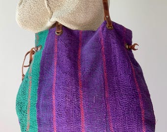 Vintage kantha cotton hand bag work school bag boho lightweight shoulder bag casual daily use comfy tote bag leather strap bag