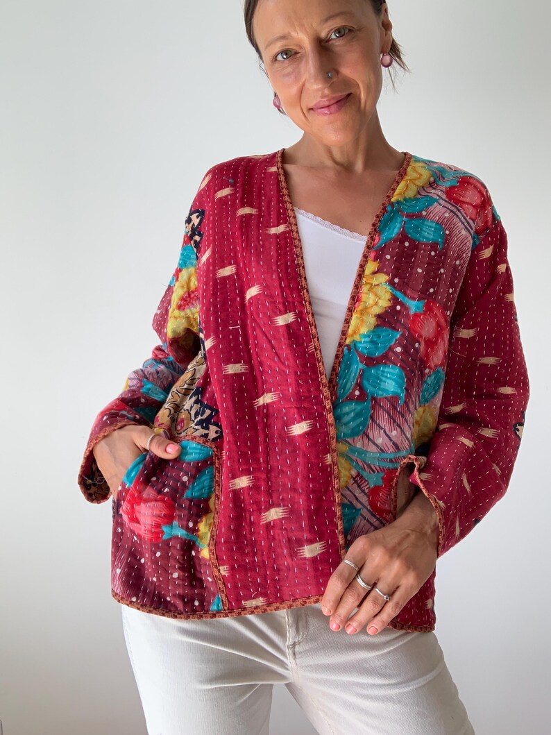 Boho kantha coat for spring oversized hippie reversible coat vintage style soft jacket loose free size open front quilted handcrafted jacket image 6