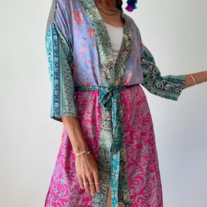 Camisa colorida patchwork midi casaco de seda boho leve vestido de casa relax loungewear camisa roupão vestido matinal quimono de seda