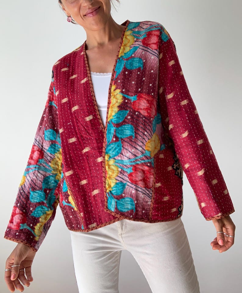 Boho kantha coat for spring oversized hippie reversible coat vintage style soft jacket loose free size open front quilted handcrafted jacket image 2