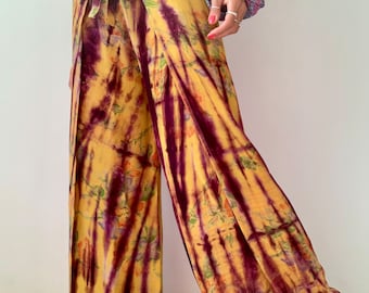 Spodnie w stylu chińskim, spodnie w azjatyckim stylu, luźne spodnie w dowolnym rozmiarze, spodnie z bardzo szerokimi nogawkami, jedwabne spodnie tie-dye, luźne spodnie o kroju kopertowym