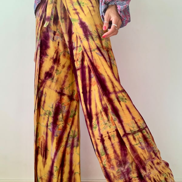 Chinese style pants Asian design trousers free size loose extra wide leg silk tie die trousers wrap around waist summer extra loose pants